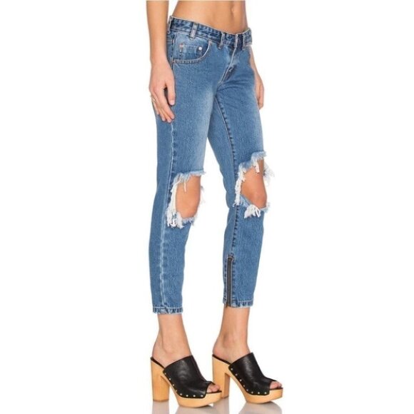 One Teaspoon Freebirds Skinny Jeans Straight leg Distressed Rips Low rise Zip - Picture 7 of 16